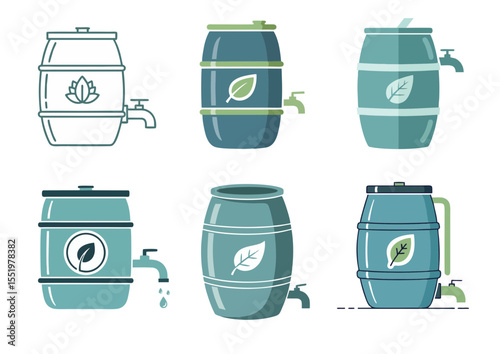 Flat vector illustration of rainwater collection barrel with leaf emblem and spout, symbolizing sustainable water usage