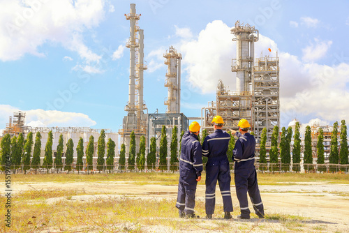Back view Male engineers walk into the area, inspect safety work area of ​​the refinery separate gas and petroleum chemicals hold a workshop and prevent safety in the outer refinery area : Copy Space