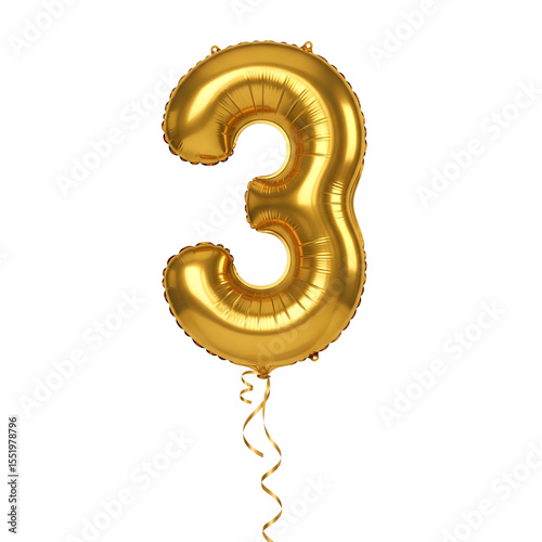 3rd birthday shiny gold balloon in number 3. 3d golden number three for birthday, celebration or party design, isolated on white or transparent background.