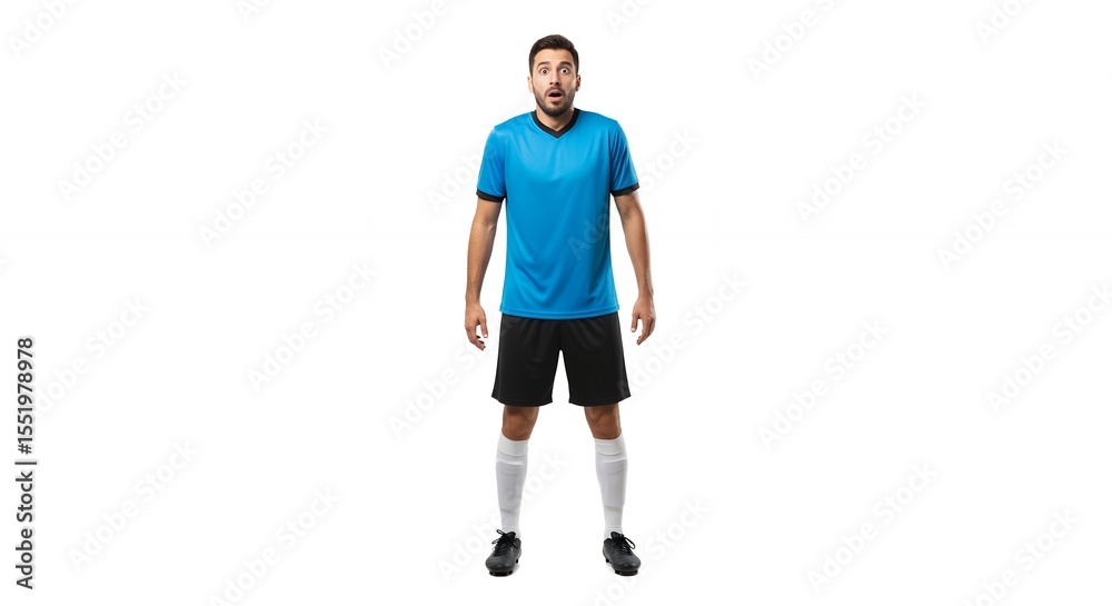 Surprised Male Athlete Wearing Blue Jersey Standing on White Background Surprised Male Athlete Wearing Blue Jersey Standing on White Background
