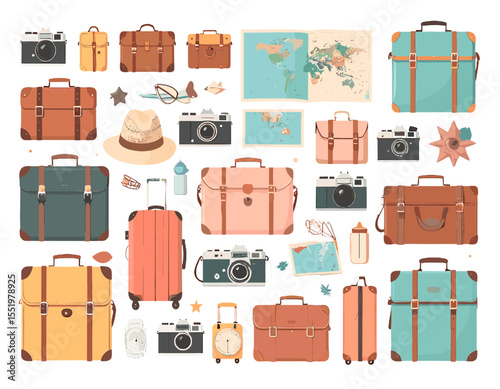 Collection of Vintage Luggage and Travel Accessories Featuring Suitcases Cameras and World Map in Retro Style Flat Design