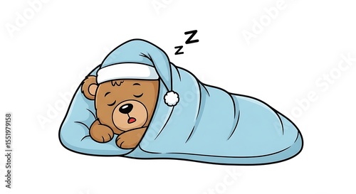 Cartoon teddy bear sleeping soundly under a light blue blanket wearing a nightcap with zzz above it