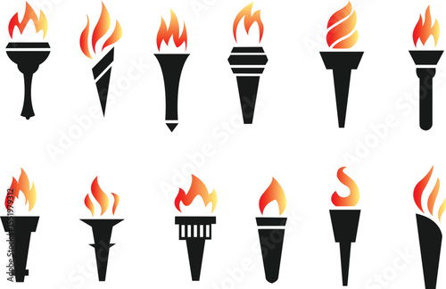 Collection of Flaming Torches Icons and Symbols of Fire, Light, and Passion