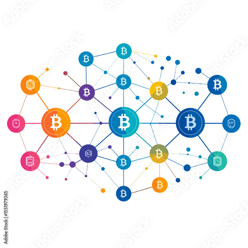 Colorful Bitcoin Network Connecting Digital Nodes on White Background Represents Decentralized Cryptocurrency