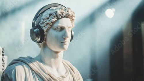 An ancient statue adorned with modern headphones stands in a misty setting, merging old and new during a cultural exhibition