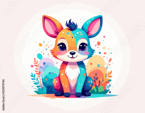 Colorful Cartoon Baby Deer Illustration with Playful Design on a White Background