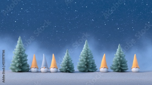 Whimsical Christmas Gnomes and Snowy Trees Night Scene