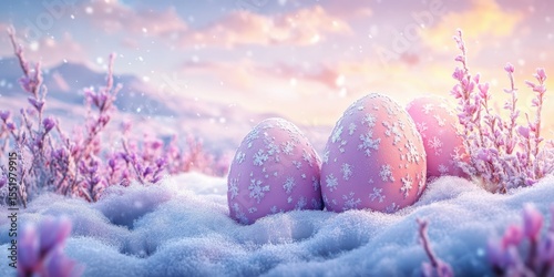 Soft pink Easter eggs nestled in snow-covered flowers at sunrise in a serene winter landscape