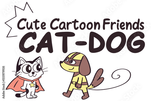 Cute cartoon cat and dog friends in bold stencil font design