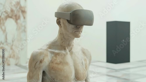 A lifelike sculpture displayed in a gallery features virtual reality gear, merging art and technology in a unique experience