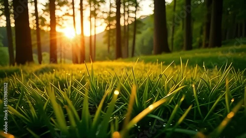 Serene Sunset in a Lush Green Forest Meadow Grass bathed in golden sunlight