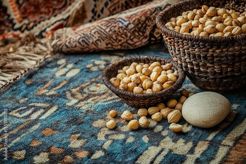 Photo of copy space on an old blue and brown carpet, surrounded by small baskets filled
