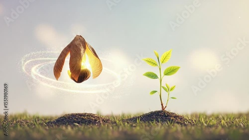 Seed germination with glowing energy and sprouting plant