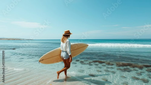 Woman in a hat holding a surfboard walks toward the ocean on a sunny day, enjoying a peaceful moment by the clear blue sea.