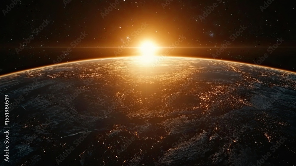 © qazi - Earth s silhouette with the rising sun glowing brightly in the background, casting light over oceans and continents in a spectacular space scene.