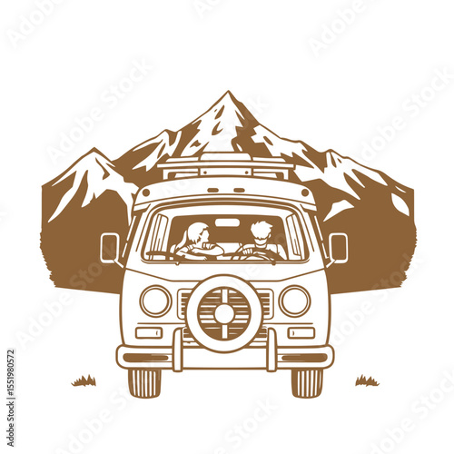 Family road trip in camper van with mountains background vector design concept illustration.