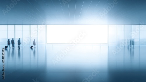Silhouetted figures of travelers walking through a modern, spacious terminal with large glass windows, reflecting soft blue light, creating an atmosphere of anticipation and movement in a contemporary