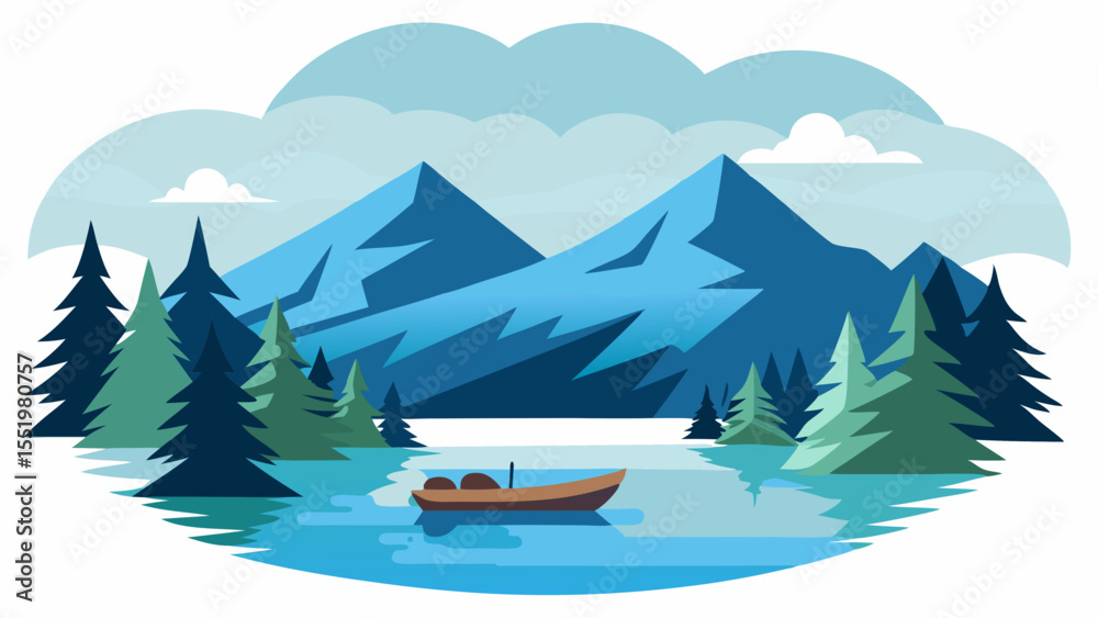 Fototapeta premium Calm Lake Canoe Scene Mountain And Pine Forest Line Art Vector