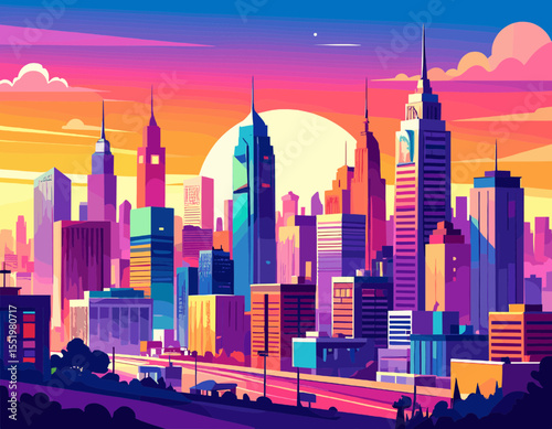 Colorful Pixel Art Cityscape at Sunset with Skyscrapers and a Vibrant Sky