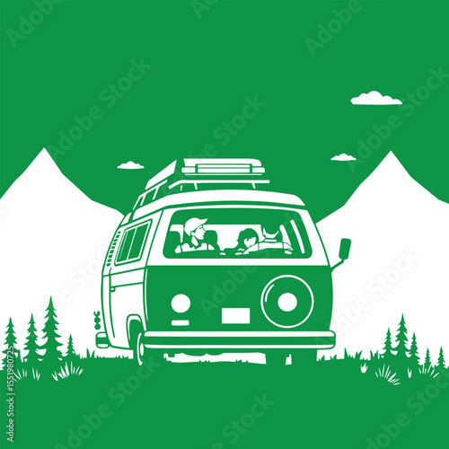 Family road trip in camper van with mountains background vector design concept illustration.