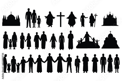 Collection of christian religious figures and buildings isolated on white background