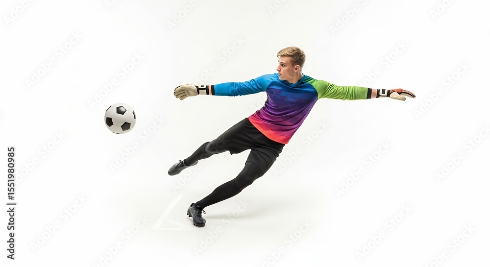 Fototapeta premium Action Soccer Goalkeeper Leaping with Ball in Colorful Jersey on White