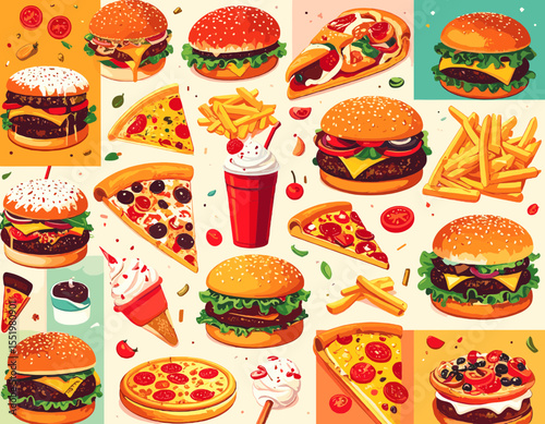 Colorful Pixel Art Compilation of Burgers Pizza Fries and Desserts Displaying Variety of Fast Food Items in a Retro Style Aesthetic