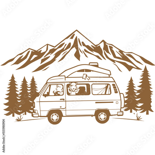 Family road trip in camper van with mountains background vector design concept illustration.