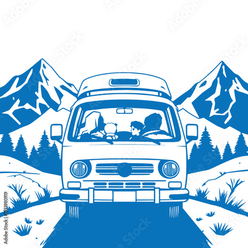 Family road trip in camper van with mountains background vector design concept illustration.