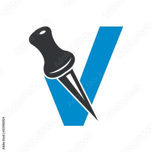 Initial Drawing Pin Logo combine with letter V vector template