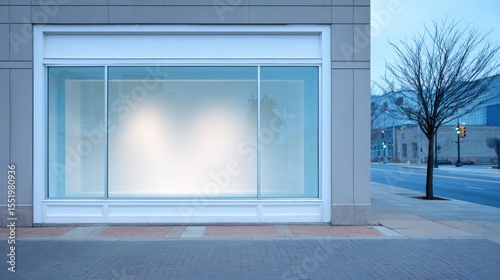 Empty storefront with large glass windows, featuring minimalistic design and soft lighting, creating an inviting atmosphere for potential customers and showcasing ample copy space 