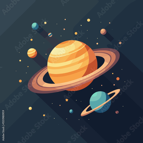 Colorful cartoon planets with rings in outer space background  