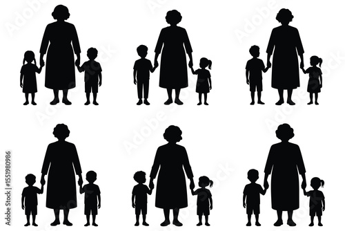 Silhouette image of grandmother with two children holding hands together on a white background