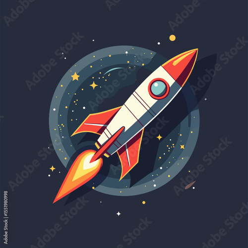 Rocket spaceship flying through space with stars and planets  