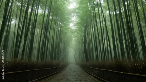 Serene Bamboo Forest Pathway with Misty Background