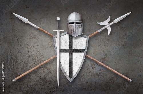 helmet shield sword and two lances on grunge background