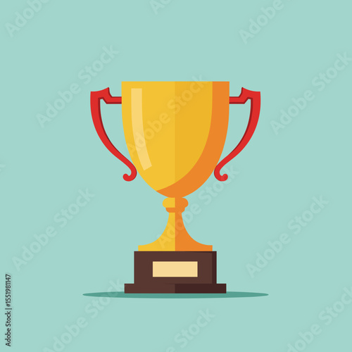 Gold trophy with red handles against a light blue background  