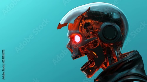 A close up view of a robotic skull featuring glowing elements and complex circuitry against a blue background