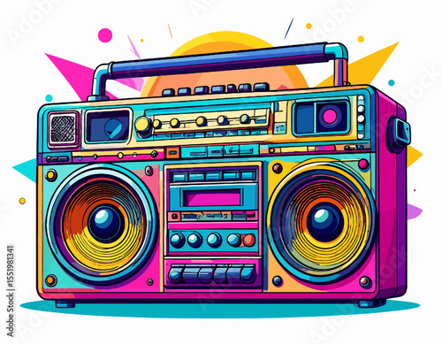 Colorful Pixel Art Style Retro Boombox with Geometric Details on a White Background