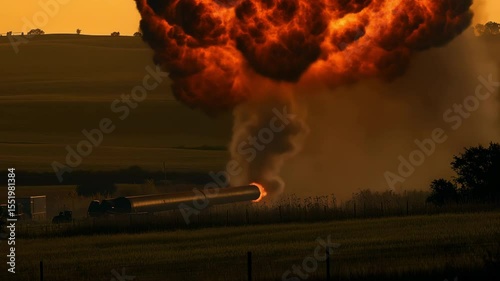 An explosion creates a large fireball at a testing site located in a rural area at sunset, showcasing the power of controlled blasts