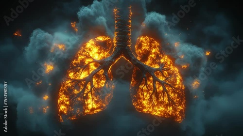 Glowing lungs are shown amidst dark clouds, illustrating the impact of smoke and pollution on respiratory health