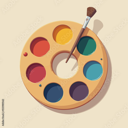 Colorful paint palette with brush on neutral background  
