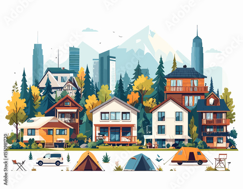 Colorful Suburban Houses With Tall Buildings and Mountains in the Background Shows Peaceful Scene With Tents Cars and a Serene Urban Landscape