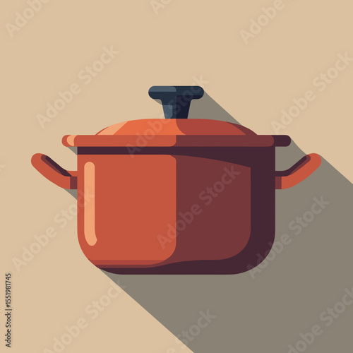 Red cooking pot with lid in flat design on beige background  