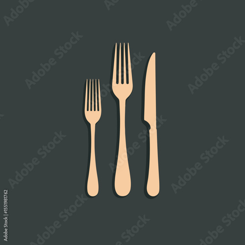 Cutlery set including forks and knife in minimal style on dark background  