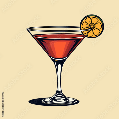 Classic cocktail in martini glass with lemon garnish on beige background  