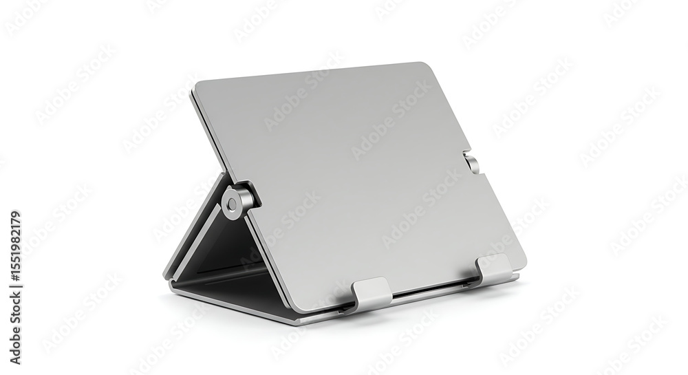 A contemporary tablet stand featuring a minimalist design crafted from sleek silver metal, showcasing a clean and functional aesthetic. A contemporary tablet stand featuring a minimalist design crafted from sleek silver metal, showcasing a clean and functional aesthetic.