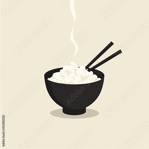 Bowl of steaming rice with chopsticks on neutral background  