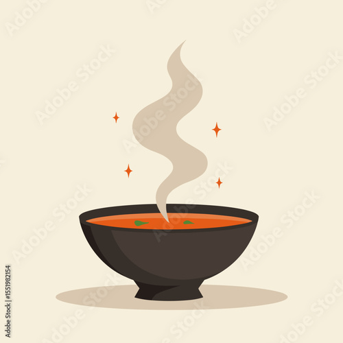 Hot soup in a black bowl with steam and decorative elements  