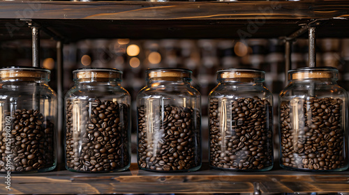 coffee beans, glass jars, wooden shelves, cafe, coffee shop, bokeh lights, cozy atmosphere, warm tones, rustic decor, inviting ambiance
